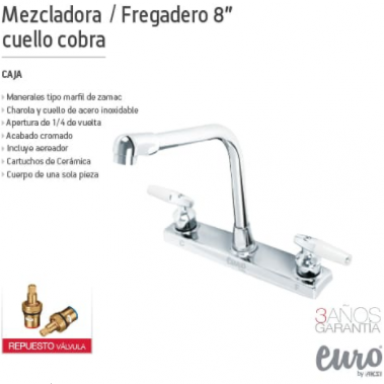 Mezcladora Para Fregadero Euro Maneral Palanca Cuello Cobra 8"